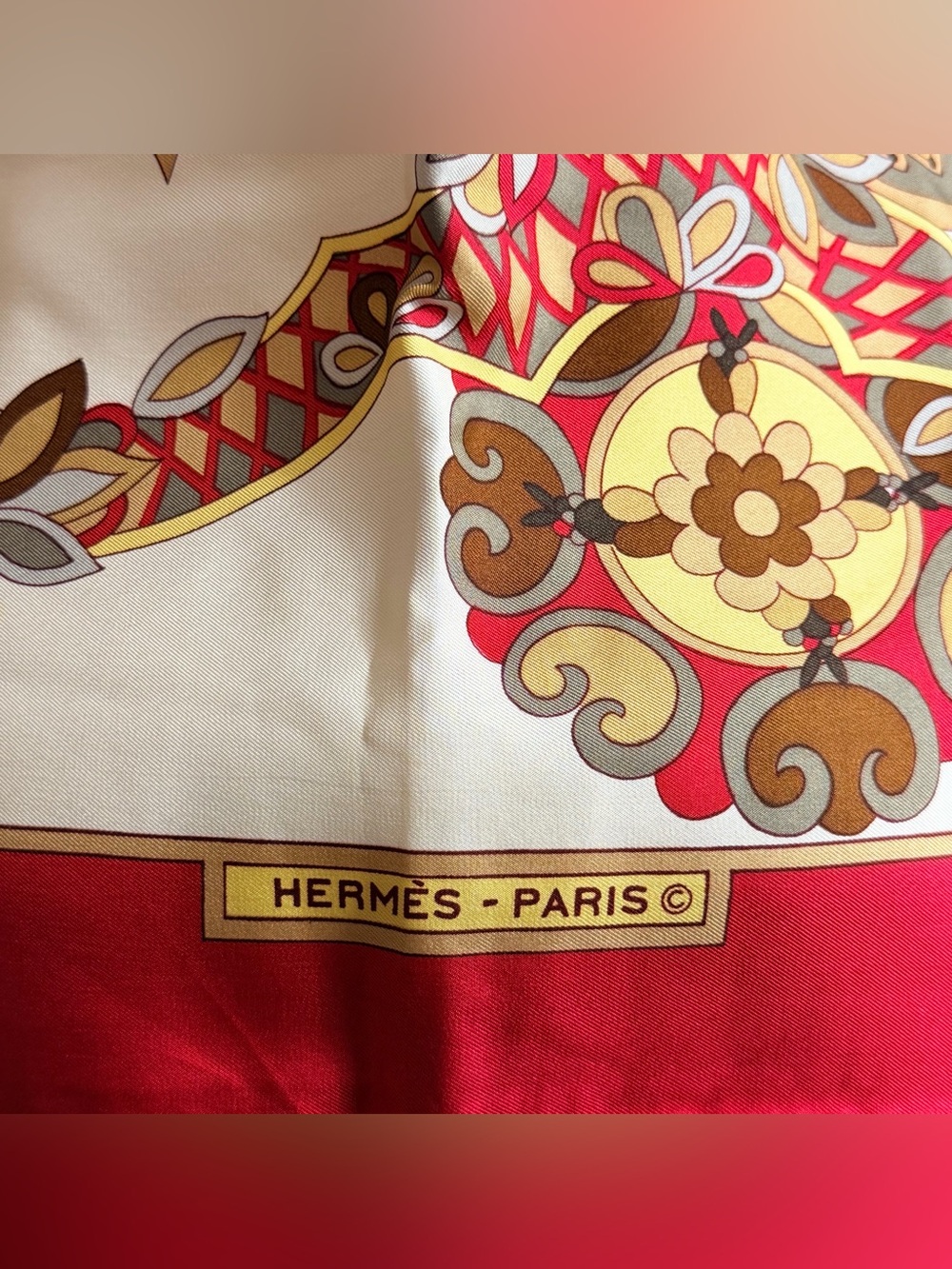 Hermes 100% Silk Scarf with Red and Gold Baroque Print